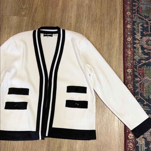 New Karl Lagerfeld Paris White Cardigan with Black Trim size L - Picture 2 of 8